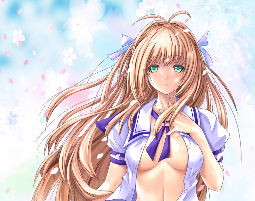 1girl breasts brown_hair cherry_blossoms cleavage collarbone expressionless eyebrows_visible_through_hair flower green_eyes hair_ribbon hakuryou_high_school_uniform hand_on_own_chest kimi_ga_nozomu_eien long_hair medium_breasts only_haruka open_clothes open_shirt petals pink_flower purple_ribbon ribbon school_uniform serafuku solo suzumiya_haruka very_long_hair