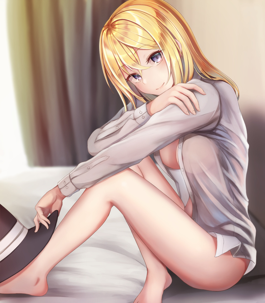 1girl bangs bare_legs barefoot black_handwear blonde_hair blush breasts cleavage closed_mouth commentary crossed_bangs curtains day dress_shirt eyebrows_visible_through_hair full_body fumei_(mugendai) hair_between_eyes hat highres holding holding_clothes holding_hat indoors long_sleeves looking_at_viewer maribel_hearn medium_breasts medium_hair naked_shirt on_bed open_clothes open_shirt purple_eyes see-through_silhouette shirt sitting smile solo sunlight thighs touhou unbuttoned white_shirt window