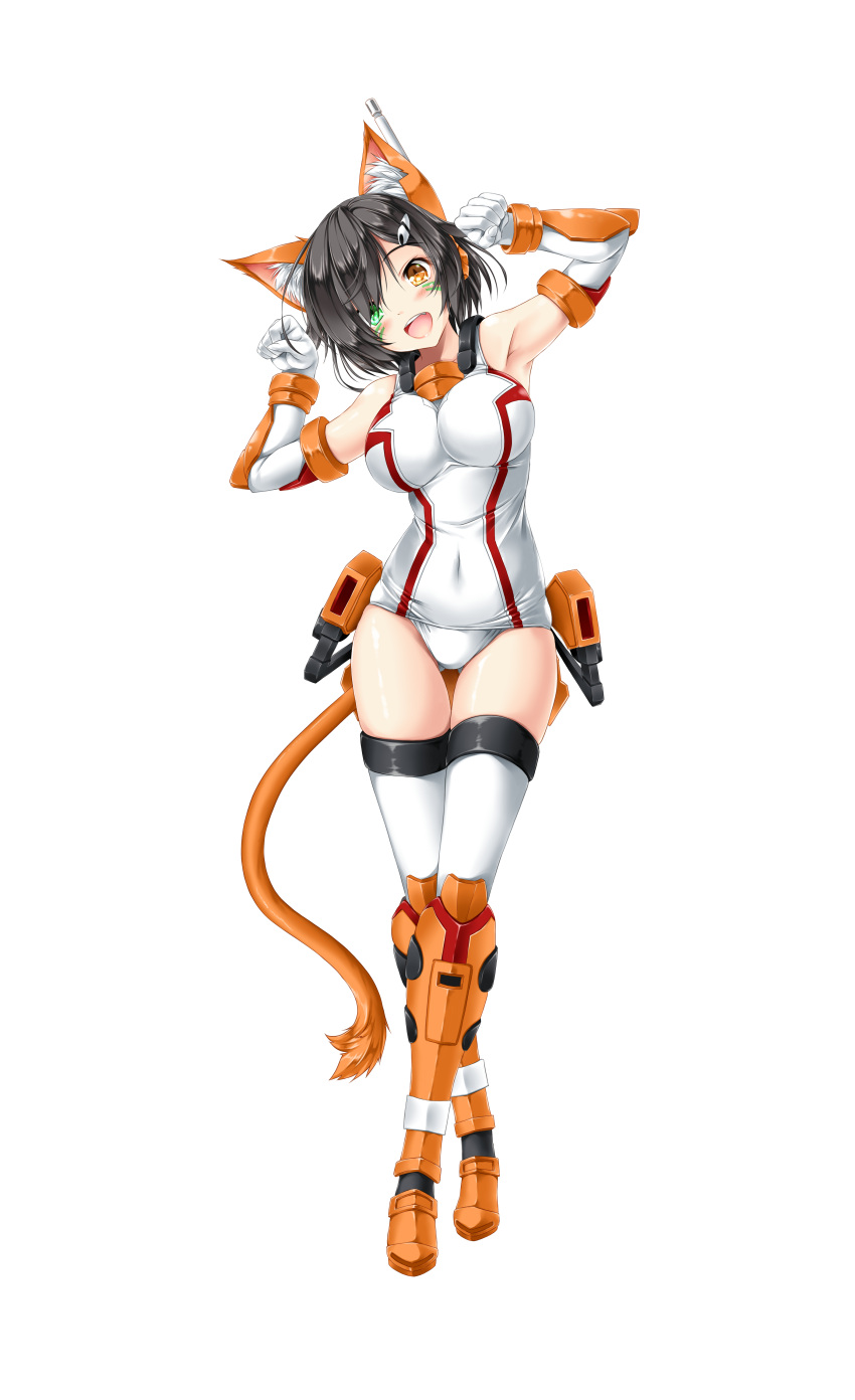 1girl absurdres animal_ear_fluff animal_ears ass_visible_through_thighs blush breasts cat_ears cat_girl cat_tail clenched_hands covered_navel gloves green_eyes head_tilt highres kamiya_tomoe large_breasts leotard macross macross_delta metal_boots orange_eyes orange_footwear paw_pose personification skindentation smile solo tail thighhighs variable_fighter_girls vf-31d white_background white_gloves white_leotard