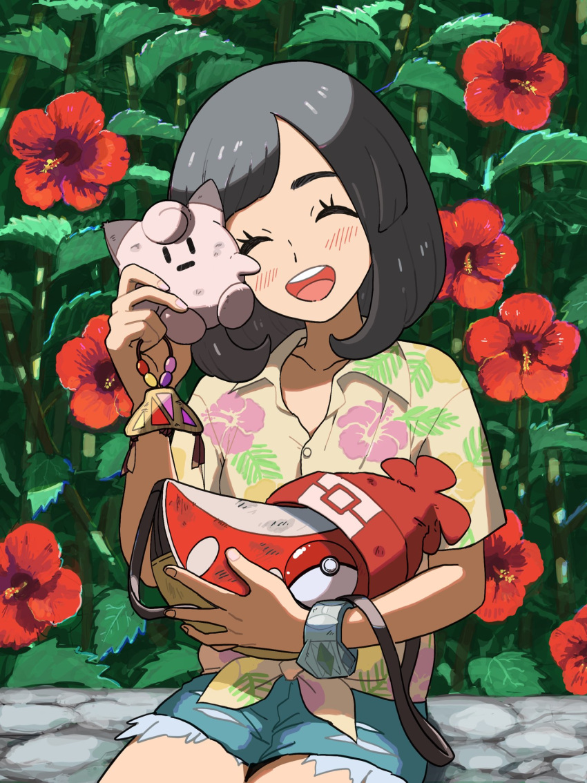 1girl :d aoaomzir bag_removed bangs blush bracelet buttons character_doll clefairy closed_eyes collared_shirt commentary_request day doll eyelashes flower happy hat hat_removed headwear_removed highres holding holding_doll jewelry leaf medium_hair open_mouth outdoors poke_ball poke_ball_(basic) pokemon pokemon_(game) pokemon_sm red_flower selene_(pokemon) shirt short_shorts short_sleeves shorts sitting smile solo teeth tongue upper_teeth z-ring