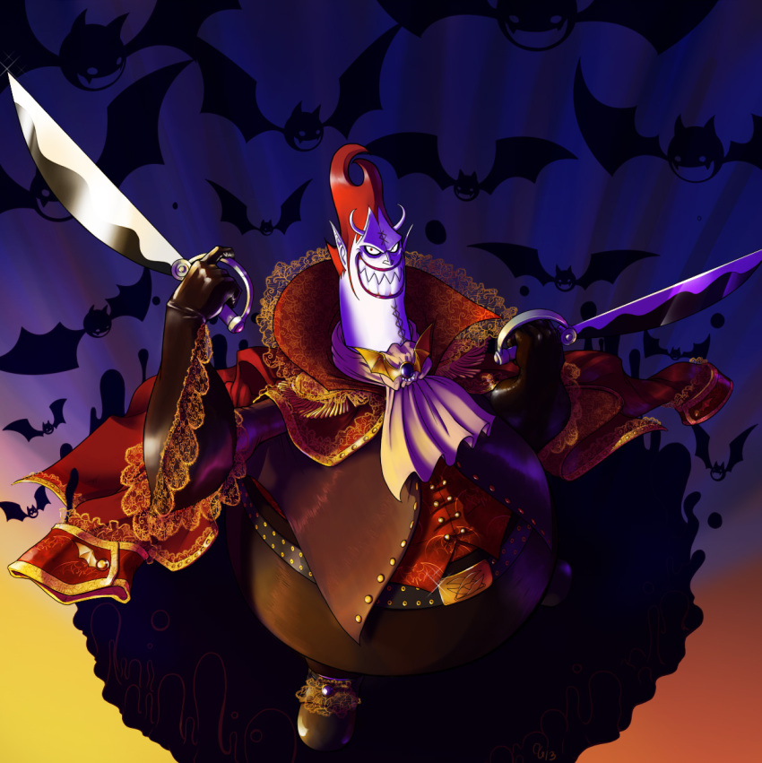 1boy ascot bat black_gloves colored_skin cross demon_boy demon_horns dual_wielding european_clothes evil_grin evil_smile fat fat_man full_body gecko_moria gloves grin highres holding holding_sword holding_weapon horns looking_at_viewer male_focus one_piece purple_lips sharp_teeth shichibukai smile solo spiked_hair sword teeth thriller_bark weapon white_skin yang