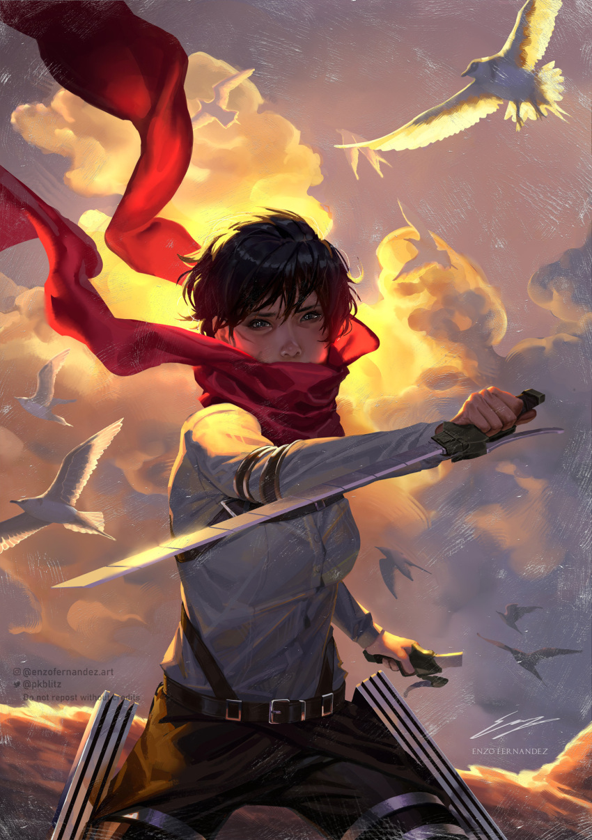 1girl bird black_hair breasts cloud cloudy_sky enzo_fernandez flying highres holding holding_sword holding_weapon leather looking_at_viewer mikasa_ackerman older pigeon red_scarf scar scar_on_cheek scar_on_face scarf shingeki_no_kyojin shirt sky solo sword three-dimensional_maneuver_gear weapon white_shirt wind