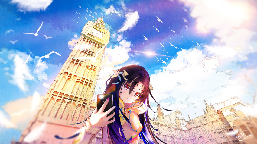 1girl absurdres bangs bird black_hair breasts clock clock_tower closed_mouth commentary dated fate/grand_order fate_(series) feathers fogfox hair_between_eyes hair_ribbon highres holding holding_phone hood hood_down hooded_sweater hoodie ishtar_(fate) long_hair long_sleeves looking_at_viewer nail_polish outdoors parted_bangs phone pink_nails red_eyes ribbon scenery signature sky small_breasts solo standing sweater tower twintails upper_body yellow_hoodie yellow_ribbon