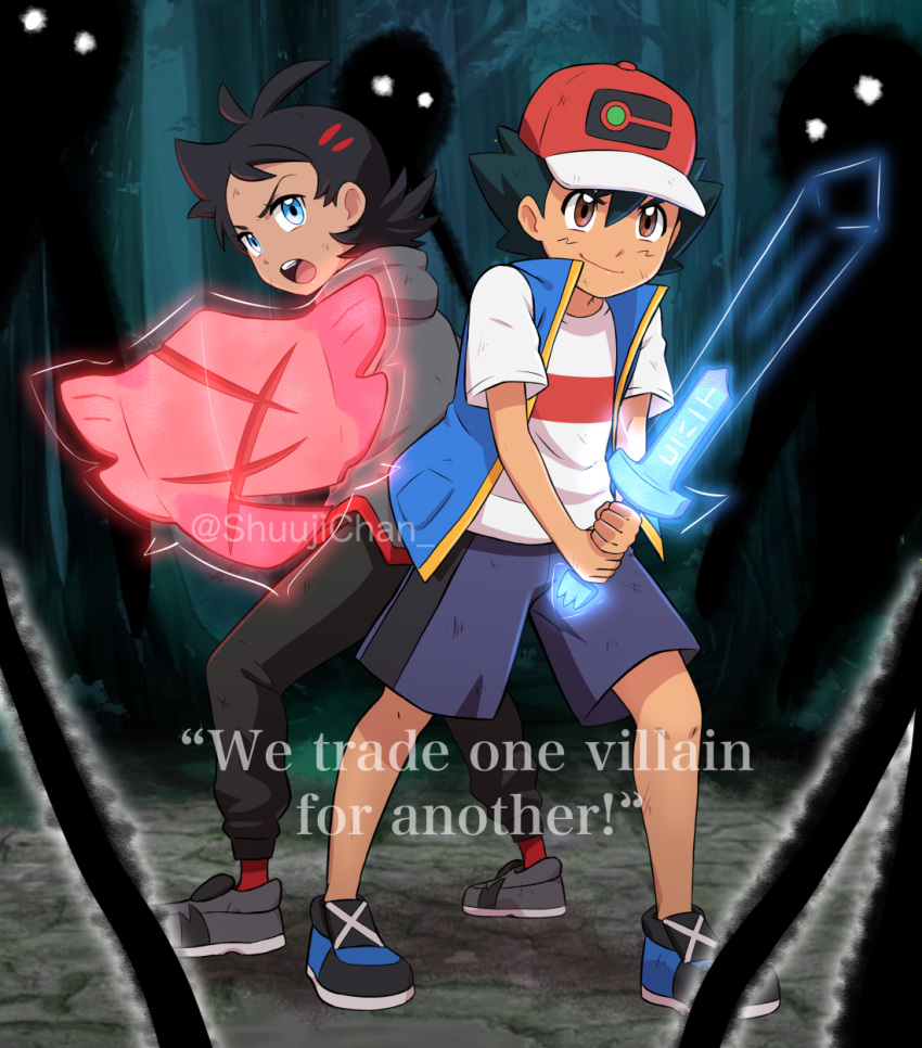 2boys antenna_hair ash_ketchum bangs baseball_cap black_hair black_pants blue_eyes blue_jacket commentary commission english_text forest goh_(pokemon) grey_footwear grey_shirt halo_(series) halo_3 hat highres holding holding_sword holding_weapon jacket male_focus multiple_boys nature open_mouth pants parody pokemon pokemon_(anime) pokemon_swsh_(anime) red_footwear rusted_shield_(pokemon) rusted_sword_(pokemon) sara_bonetti shirt shoes short_hair short_sleeves shorts sleeveless sleeveless_jacket socks sword t-shirt teeth tongue upper_teeth weapon white_shirt