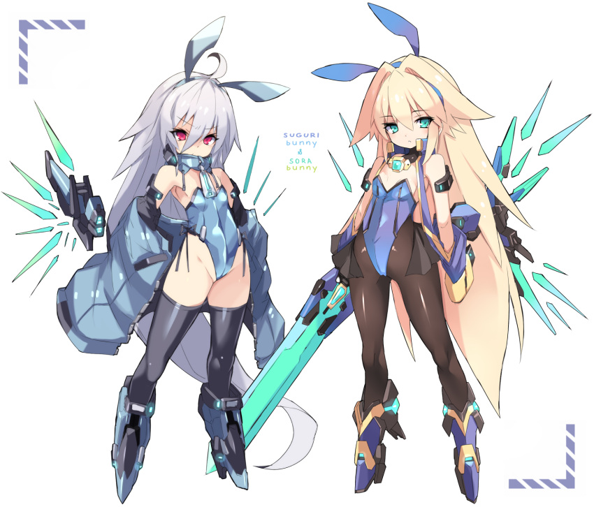2girls ahoge animal_ears bangs bare_shoulders black_legwear blonde_hair blue_footwear blue_hairband blue_jacket blue_leotard boots breasts brown_legwear character_name closed_mouth commentary_request eyebrows_visible_through_hair fake_animal_ears green_eyes grey_hair grey_hairband hair_between_eyes hair_intakes hairband highres jacket karukan_(monjya) leotard long_hair looking_at_viewer multiple_girls off_shoulder open_clothes open_jacket pantyhose rabbit_ears red_eyes small_breasts sora_(suguri) standing strapless strapless_leotard suguri suguri_(character) sword thighhighs v-shaped_eyebrows very_long_hair weapon zipper_pull_tab