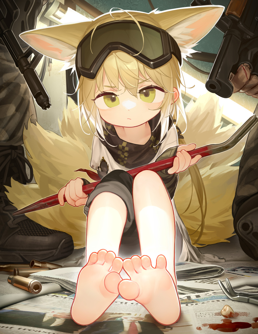 1girl absurdres animal_ears arknights asymmetrical_pants barefoot black_scarf blood crowbar feet foot_focus foreshortening fox_ears fox_girl fox_tail goggles goggles_on_head gun highres holding holding_weapon legs_together multiple_tails newspaper official_alternate_costume on_ground scarf shell_casing sitting soles solo suzuran_(arknights) suzuran_(lostlands_flowering)_(arknights) tail tianliang_duohe_fangdongye toes tooth weapon