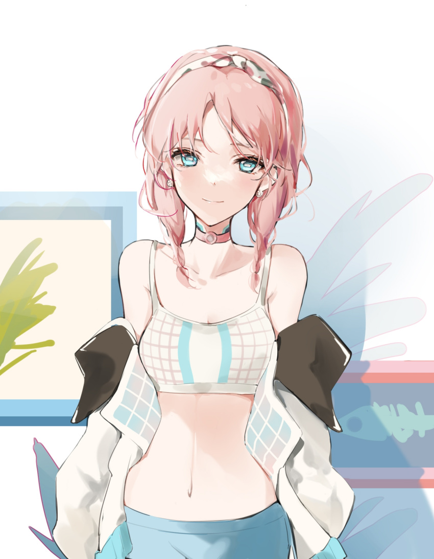 1girl arknights bangs bare_shoulders blue_eyes blue_poison_(arknights) blue_poison_(shoal_beat)_(arknights) breasts choker collarbone commentary_request crop_top fuune hairband highres jacket long_hair looking_at_viewer midriff navel off_shoulder official_alternate_costume open_clothes open_jacket pink_choker pink_hair small_breasts smile solo spaghetti_strap sports_bra stomach upper_body white_jacket