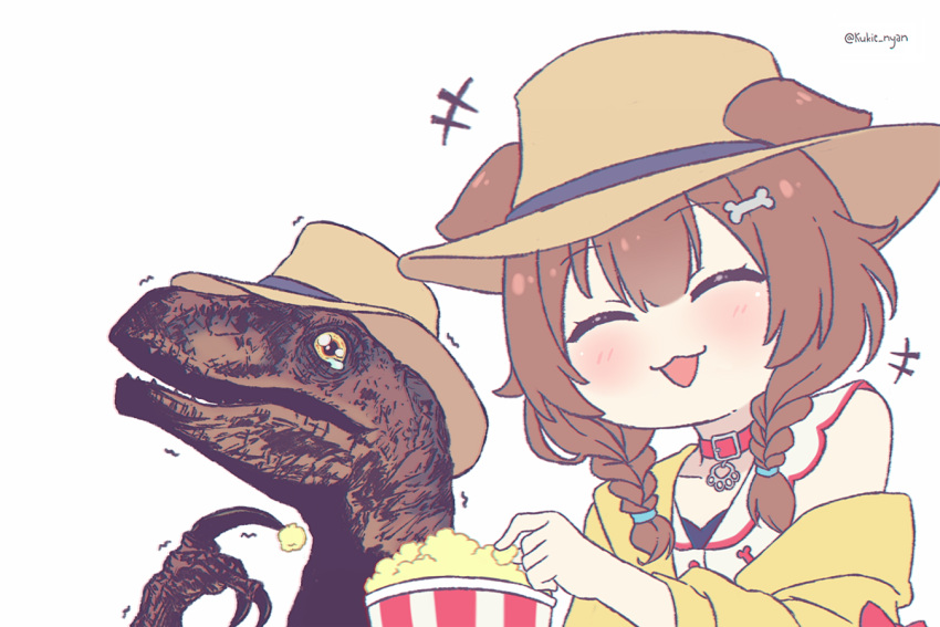 +++ 1girl :3 :d animal animal_collar blush bone_hair_ornament braid brown_hair closed_eyes clothed_animal collar dress ears_through_headwear facing_viewer food hair_ornament hat holding hololive inugami_korone jacket jurassic_park kukie-nyan long_hair meme off_shoulder philosoraptor_(meme) popcorn simple_background smile solo tears twin_braids twitter_username upper_body velociraptor virtual_youtuber white_background white_dress yellow_jacket