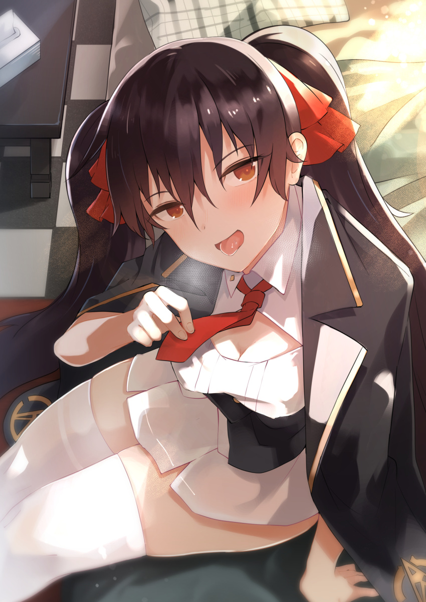 1girl black_hair black_jacket blush breasts brown_eyes cleavage eyebrows_visible_through_hair feet_out_of_frame from_below girls'_frontline hair_between_eyes hair_ribbon highres jacket jacket_on_shoulders long_hair looking_at_viewer medium_breasts necktie on_bed open_mouth red_necktie red_ribbon ribbon sitting sitting_on_bed solo thighhighs tomurasuisen tongue tongue_out twintails type_97_(girls'_frontline) white_legwear