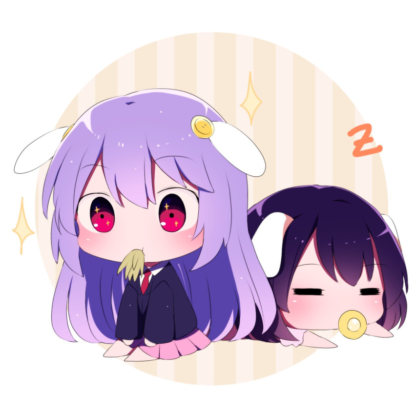 2girls animal_ears bangs barefoot black_hair black_jacket blush chibi closed_eyes closed_mouth collar collared_shirt dress eating eyebrows_visible_through_hair gradient gradient_hair hair_between_eyes highres inaba_tewi jacket long_hair long_sleeves looking_to_the_side lying multicolored_hair multiple_girls necktie orange_background pink_dress pink_eyes pink_skirt purple_hair rabbit_ears red_necktie reisen_udongein_inaba shirt short_hair short_sleeves sitting skirt star_(symbol) striped striped_background touhou very_long_hair white_background white_shirt yellow_background you_(noanoamoemoe)