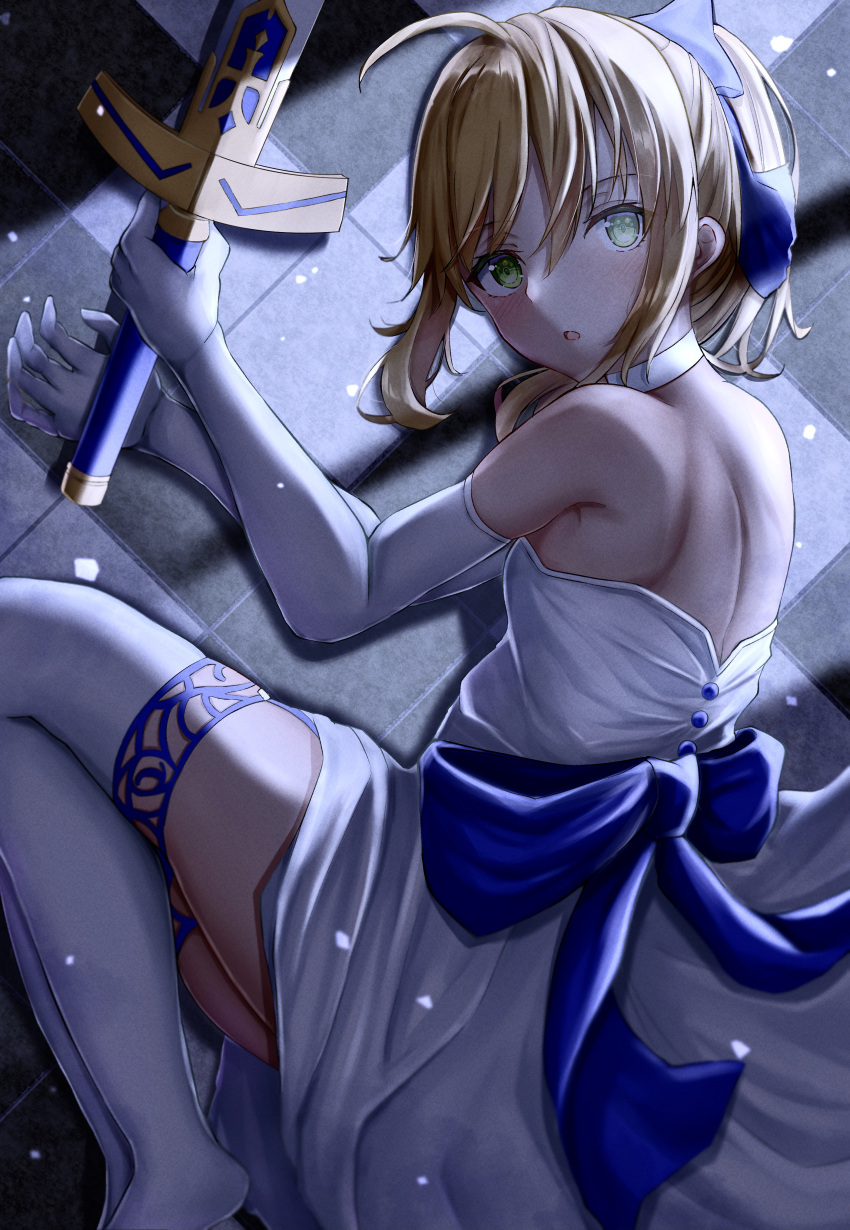 1girl absurdres ahoge artoria_pendragon_(fate) blonde_hair breasts dress elbow_gloves excalibur_(fate/stay_night) fate/stay_night fate/unlimited_blade_works fate_(series) gloves green_eyes highres holding holding_sword holding_weapon lying official_alternate_costume on_side ponytail saber small_breasts solo strapless strapless_dress sword thighhighs toukan weapon white_dress white_gloves white_legwear