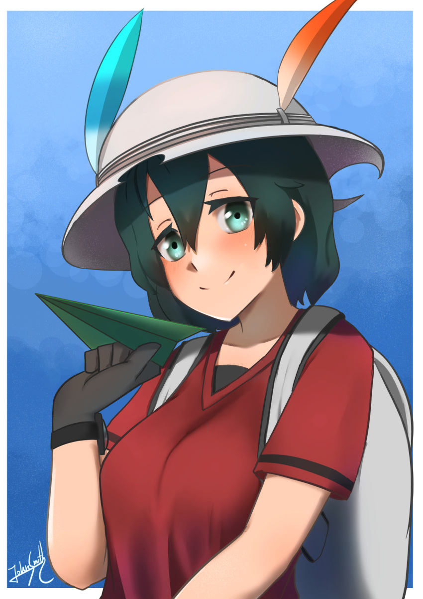 1girl backpack bag black_gloves black_undershirt blue_background breasts collarbone commentary dark_green_hair gloves green_eyes hat hat_feather highres john_(a2556349) kaban_(kemono_friends) kemono_friends looking_at_viewer medium_breasts paper_airplane red_shirt shirt short_hair short_sleeves signature smile solo split_mouth undershirt upper_body white_headwear