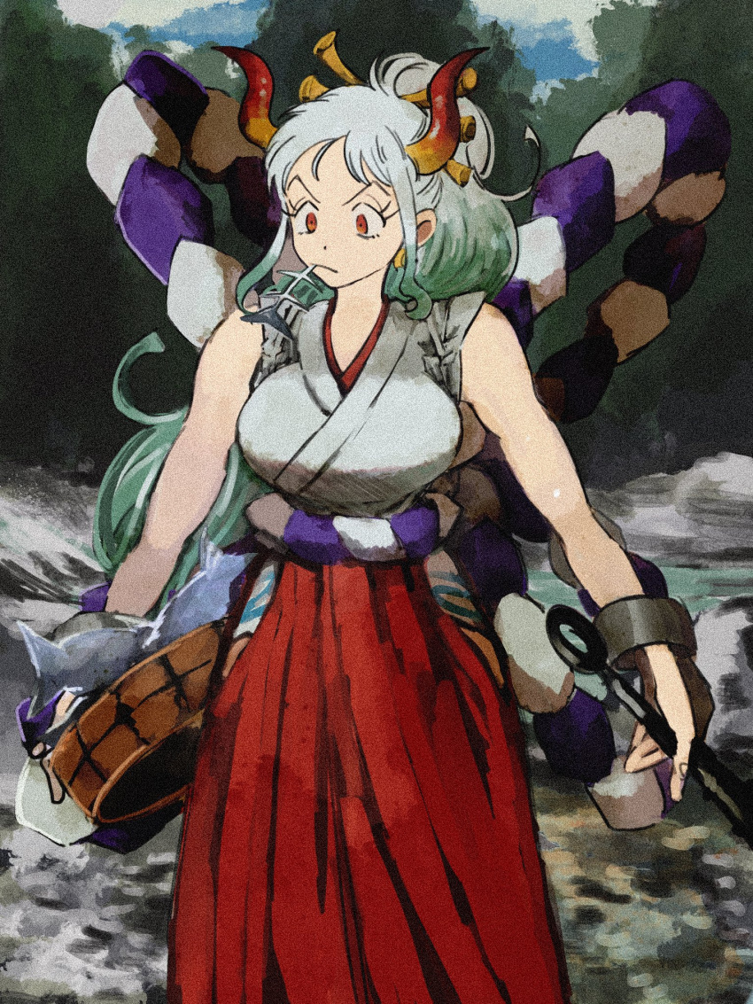 1girl bare_shoulders breasts club_(weapon) commentary curled_horns earrings feet_out_of_frame film_grain fish fish_bone green_hair hair_ornament hair_stick highres hip_vent horns japanese_clothes jewelry kanabou kimono long_hair looking_at_viewer makenevemoiine mouth_hold multicolored_hair multicolored_horns one_piece oni outdoors red_eyes red_horns rope shimenawa sleeveless sleeveless_kimono solo very_long_hair weapon yamato_(one_piece)