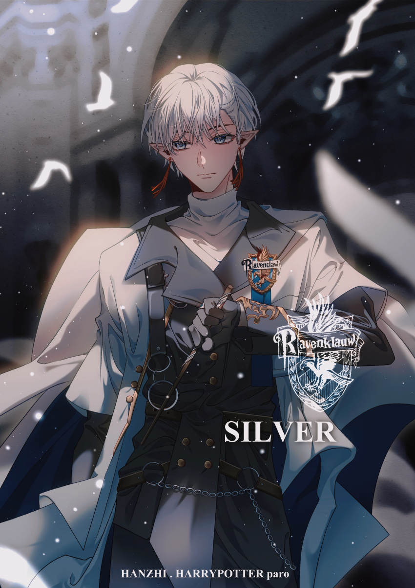 1boy absurdres black_gloves blue_eyes cowboy_shot earrings expressionless gloves grateful_shell_collector highres jewelry light_particles male_focus paizhaobozhu pointy_ears short_hair silver_hair sky:_children_of_the_light solo sparkle tassel tassel_earrings uniform white_bird white_hair