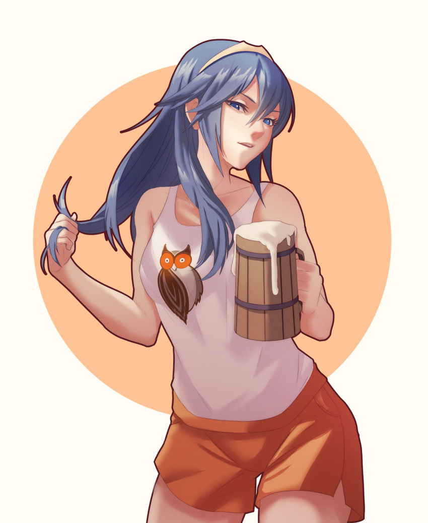 1girl absurdres alcohol alternate_costume beer beer_mug bird blue_eyes blue_hair breasts cup drink fire_emblem fire_emblem_awakening highres hooters long_hair looking_at_viewer lucina_(fire_emblem) mug open_mouth owl playing_with_own_hair pomelomelon shorts small_breasts solo tank_top tiara