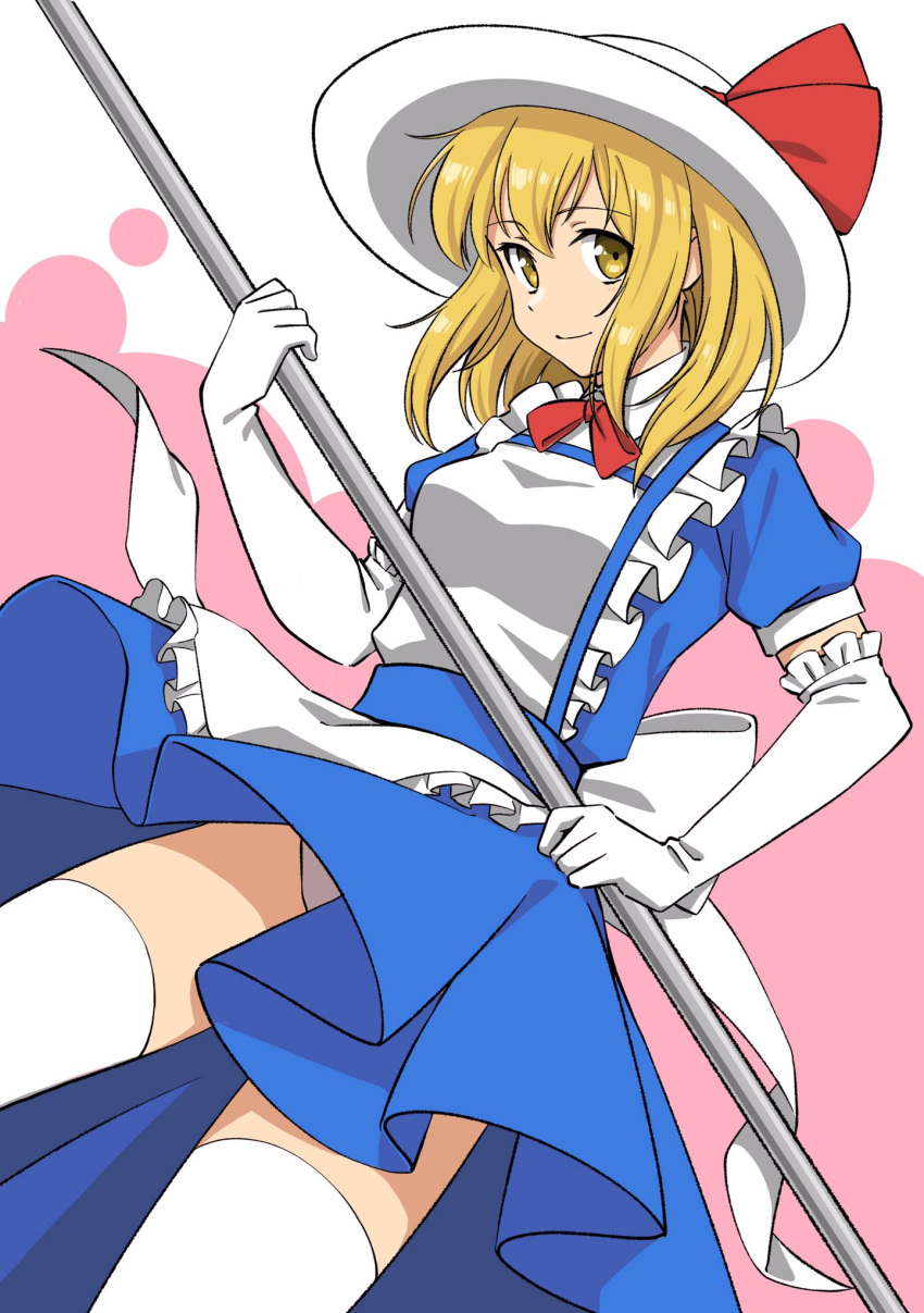 1girl apron back_bow blonde_hair blue_dress bow closed_mouth dress elbow_gloves eyebrows_visible_through_hair frilled_apron frills gloves haramin3 hat hat_bow highres kana_anaberal panties pantyshot puffy_short_sleeves puffy_sleeves red_bow red_neckwear short_hair short_sleeves smile sun_hat thighhighs touhou touhou_(pc-98) underwear white_apron white_bow white_headwear white_legwear yellow_eyes