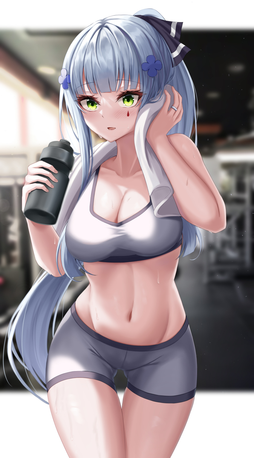 1girl absurdres bangs black_ribbon blue_hair blue_shorts blush bottle breasts cleavage collarbone daisy_cutter eyebrows_visible_through_hair feet_out_of_frame girls'_frontline green_eyes gym hair_ornament hair_ribbon hairclip hand_in_hair highres hk416_(girls'_frontline) holding holding_bottle jewelry long_hair looking_at_viewer medium_breasts navel open_mouth ponytail ribbon ring shorts solo sports_bra sportswear standing stomach sweat sweatdrop teardrop_facial_mark teardrop_tattoo towel towel_around_neck wedding_band white_sports_bra