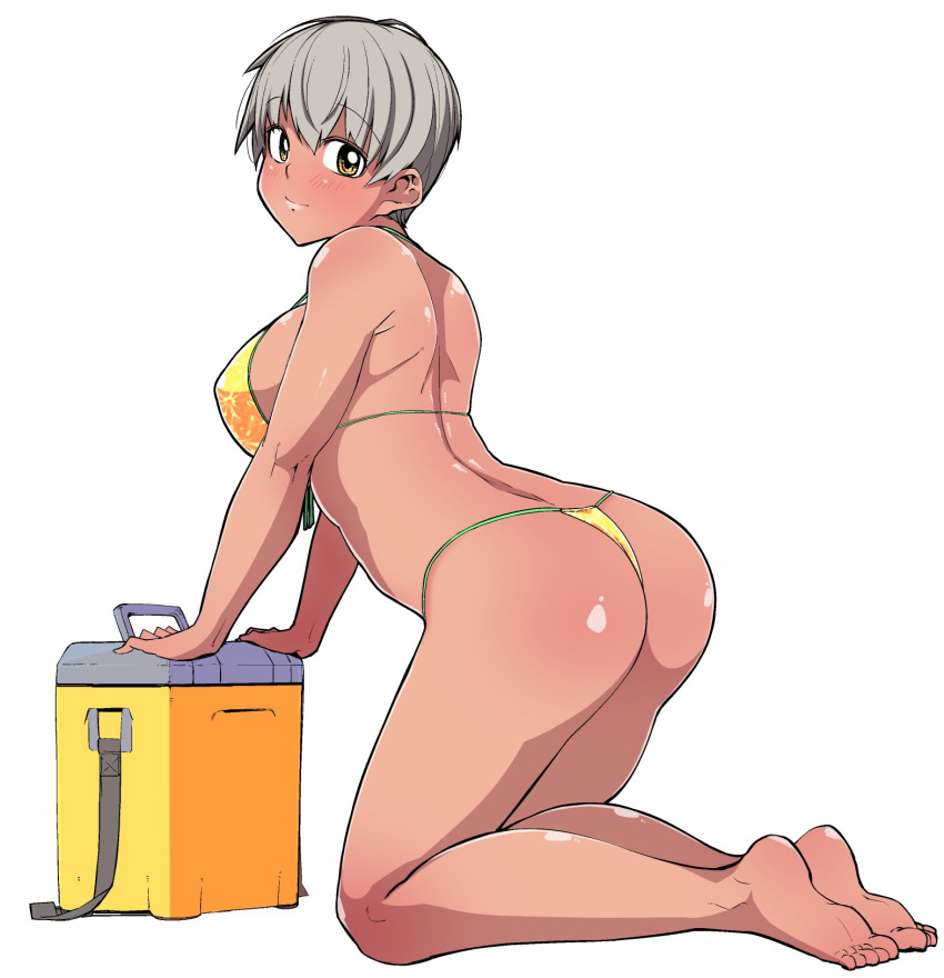 1girl ass barefoot bikini blush breasts closed_mouth cooler copyright_request feet from_side full_body grey_hair highres kneeling large_breasts looking_at_viewer looking_to_the_side miitoban short_hair simple_background smile soles solo swimsuit thong_bikini toes white_background yellow_bikini yellow_eyes