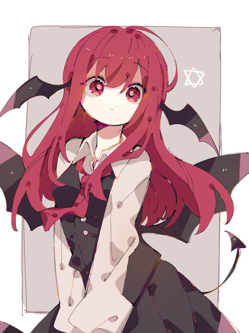 1girl bangs bat_wings black_skirt black_vest demon_tail grey_background head_wings highres koakuma long_hair long_sleeves loose_necktie necktie red_eyes red_hair red_necktie roamu_65 shirt skirt solo tail touhou upper_body vest white_shirt wings