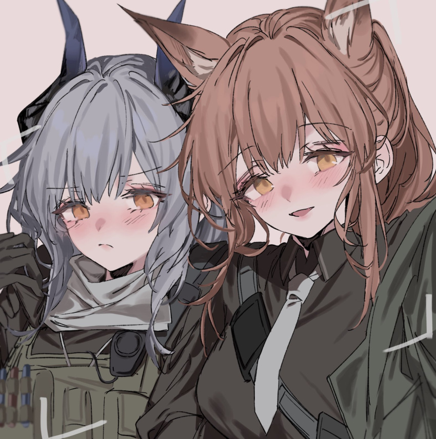 2girls aogisa arknights black_gloves blush brown_background brown_hair dragon_horns extra_ears franka_(arknights) gloves green_jacket grey_hair grey_necktie grey_scarf hand_up highres horns jacket liskarm_(arknights) liskarm_(overload)_(arknights) long_hair looking_at_viewer multiple_girls necktie official_alternate_costume open_clothes open_jacket open_mouth ponytail portrait scarf scowl simple_background tactical_clothes yellow_eyes