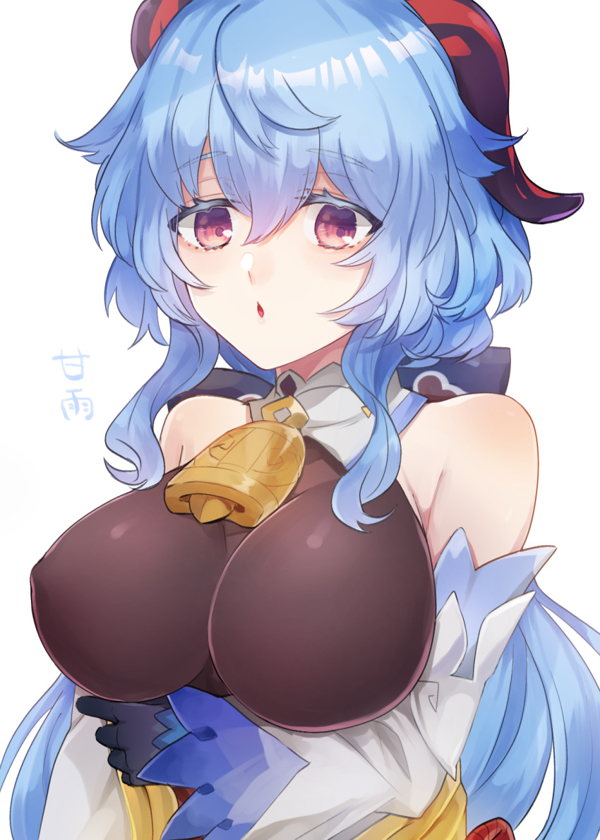 1girl :o arm_under_breasts bangs bare_shoulders bell black_gloves blue_hair bow bowtie breasts character_name curled_horns detached_sleeves ganyu_(genshin_impact) genshin_impact gloves gold_trim highres horns large_breasts long_hair looking_at_viewer low_ponytail mizinkokanzume neck_bell purple_eyes sidelocks solo white_background white_sleeves