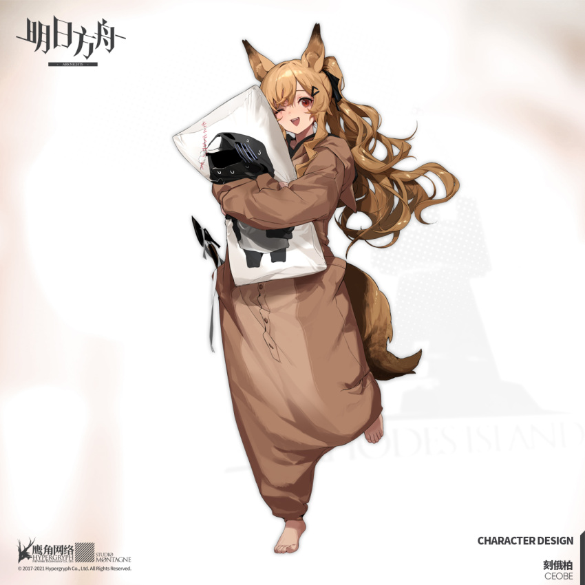 1girl animal_costume animal_ears arknights bangs barefoot cameo ceobe_(arknights) dakimakura_(object) doctor_(arknights) dog_ears dog_girl dog_tail full_body hair_ornament hair_ribbon hairclip highres holding hood hood_down leg_up light_brown_hair logo long_hair long_sleeves looking_at_viewer official_alternate_costume official_art one_eye_closed open_mouth pillow ponytail red_eyes ribbon shisantian simple_background solo tail