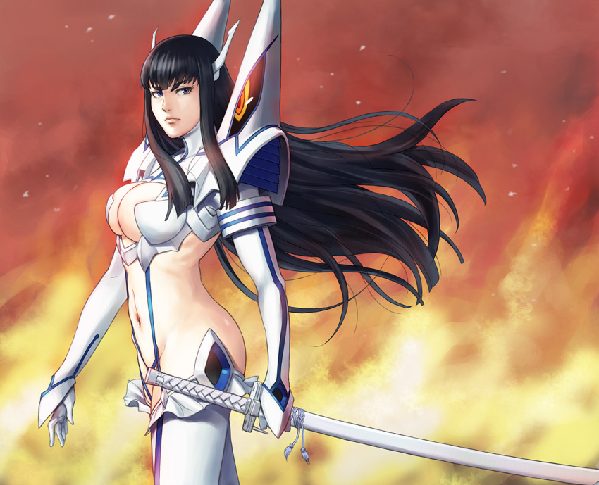 1girl azasuke black_hair blue_eyes breasts cleavage closed_mouth commentary cowboy_shot english_commentary fiery_background fire floating_hair from_side holding holding_sword holding_weapon junketsu katana kill_la_kill kiryuuin_satsuki large_breasts long_hair looking_at_viewer looking_to_the_side navel revealing_clothes scabbard sheath sheathed solo standing suspenders sword thighhighs walking weapon white_legwear