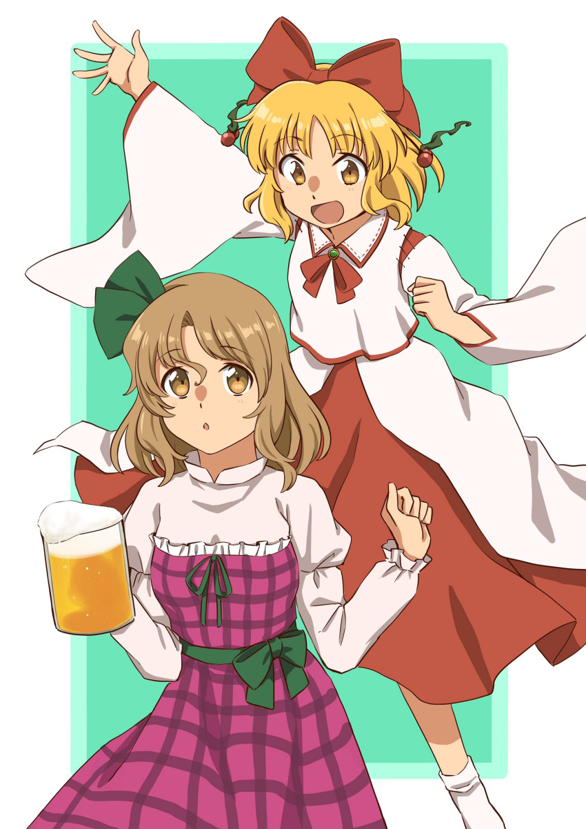 2girls :o alcohol beer beer_mug beerko blonde_hair border bow brown_eyes brown_hair cup detached_sleeves dress eyebrows_visible_through_hair feet_out_of_frame green_bow green_sash hair_bow haramin3 highres holding holding_cup japanese_clothes juliet_sleeves light_brown_hair long_sleeves looking_at_viewer mug multiple_girls open_mouth original outside_border plaid plaid_dress puffy_sleeves red_bow red_neckwear red_skirt sash satsuki_rin shirt skirt socks touhou white_border white_legwear white_shirt wide_sleeves yellow_eyes