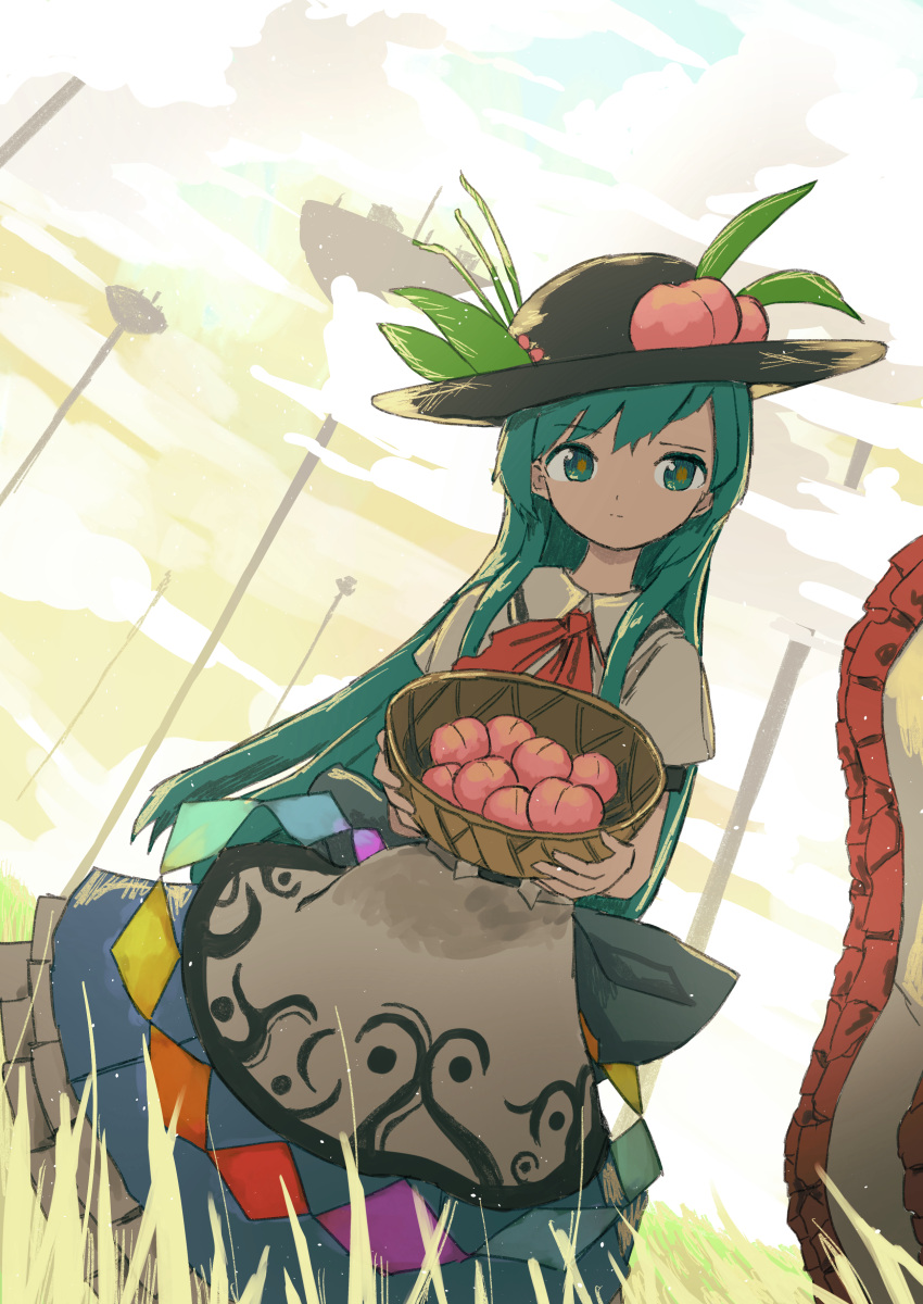 1girl absurdres apron aqua_eyes aqua_hair ascot bangs basket black_headwear blue_skirt cloud collared_shirt commentary_request dutch_angle expressionless eyebrows_visible_through_hair feet_out_of_frame floating_island food food-themed_hat_ornament frilled_ribbon frills fruit fruit_hat_ornament grass hat hat_ornament highres hinanawi_tenshi holding holding_basket leaf long_hair looking_at_viewer neruzou peach rainbow_order red_ascot ribbon shirt short_sleeves sidelocks skirt solo standing touhou tower white_apron white_shirt
