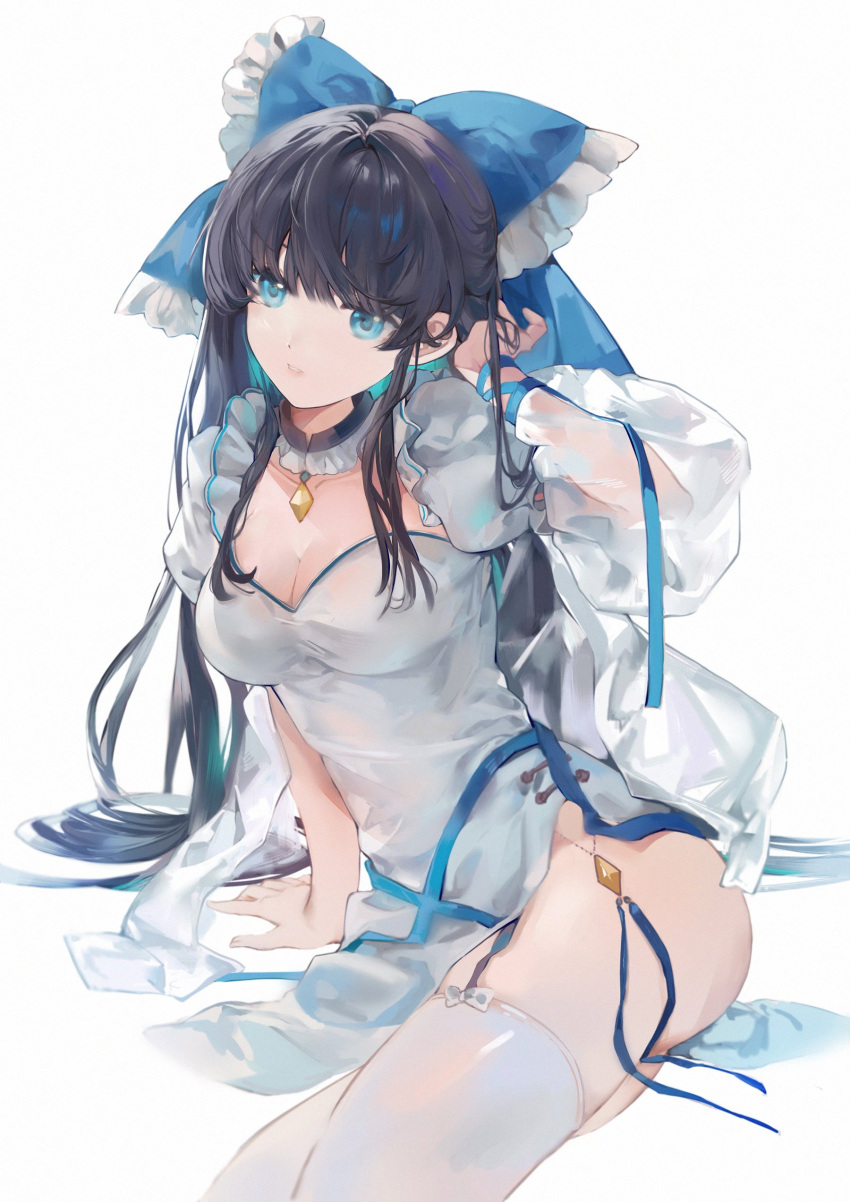1girl absurdres alternate_color arm_up bangs black_choker black_hair blue_bow blue_eyes bow breasts china_dress chinese_clothes choker closed_mouth crystal detached_sleeves dress elise_(piclic) eyebrows_visible_through_hair hair_between_eyes hakurei_reimu hand_up highres jewelry long_hair long_sleeves looking_to_the_side medium_breasts no_panties player_2 puffy_short_sleeves puffy_sleeves short_sleeves simple_background sitting solo teeth thighhighs touhou white_background white_bow white_dress white_legwear wide_sleeves