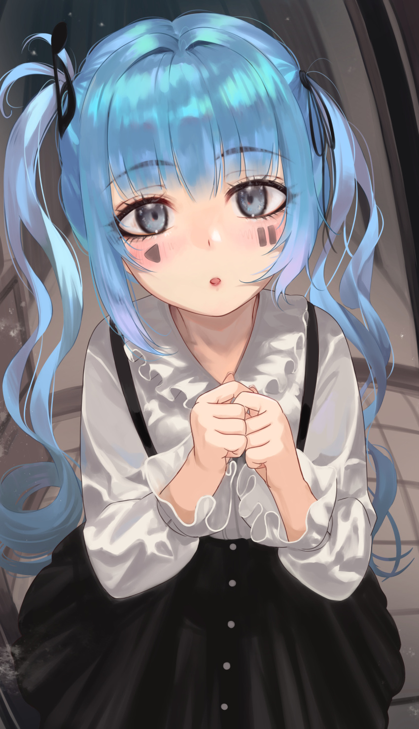 1girl asymmetrical_hair bangs blue_eyes blue_hair blush commentary_request eyebrows_visible_through_hair facial_mark frills highres long_hair looking_at_viewer open_mouth original skirt solo torriet twintails