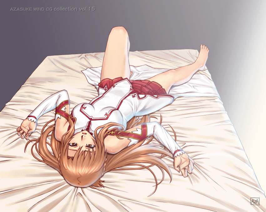 1girl absurdres asuna_(sao) azasuke bare_legs barefoot breasts brown_eyes brown_hair detached_sleeves dress from_behind hair_spread_out highres large_breasts long_hair long_sleeves lying miniskirt on_back on_bed outstretched_arms parted_lips pleated_skirt red_skirt short_dress signature skirt solo spread_arms sword_art_online upside-down white_dress