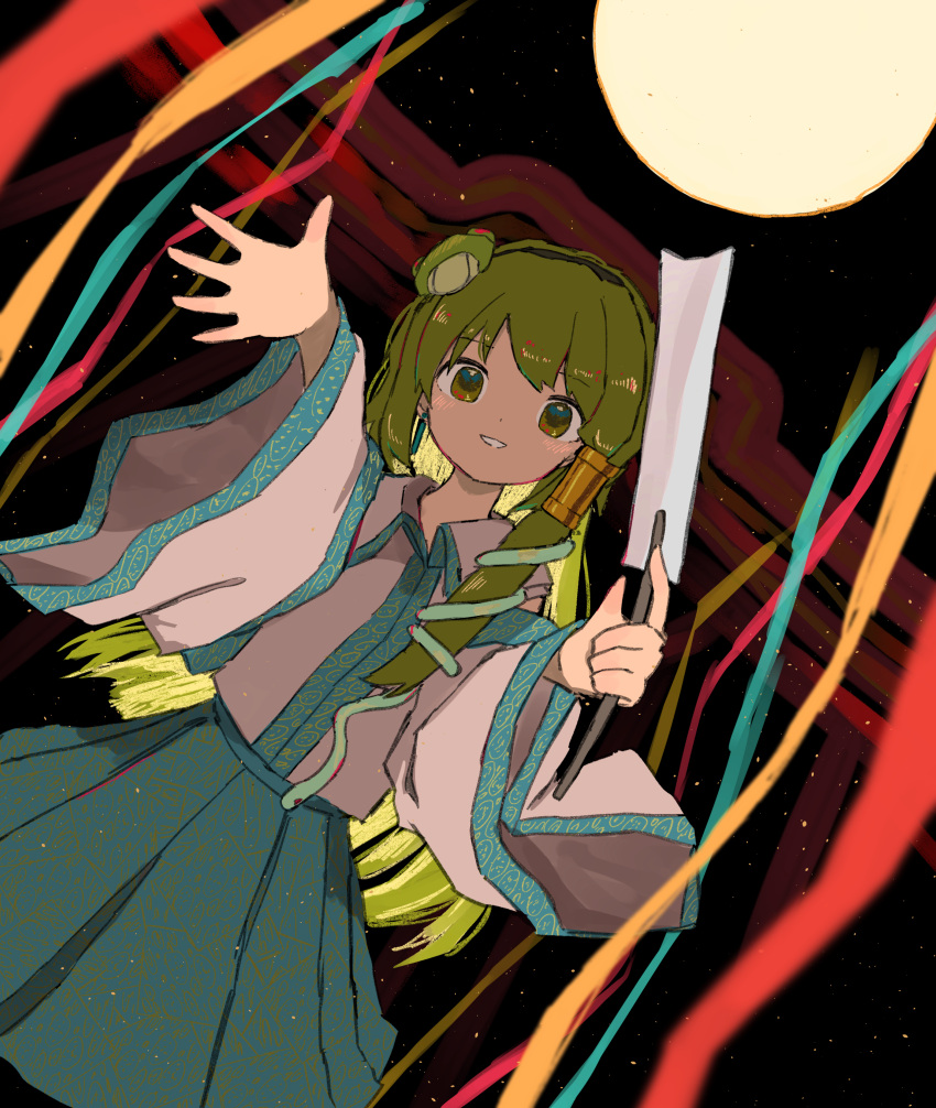 1girl absurdres aqua_skirt bangs commentary_request cowboy_shot dot_nose dutch_angle eyebrows_visible_through_hair frog_hair_ornament full_moon gohei green_eyes green_hair hair_ornament hair_tubes highres holding kochiya_sanae long_hair long_sleeves looking_at_viewer moon neruzou night night_sky outstretched_arm pleated_skirt reaching_out shirt skirt sky smile snake_hair_ornament solo streamers touhou white_shirt wide_sleeves