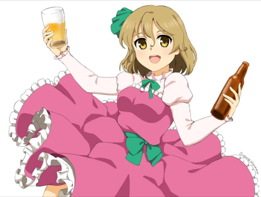 1girl alcohol beer_mug beerko bottle bow breasts cup dress frilled_dress frills green_bow green_neckwear green_ribbon green_sash hair_ribbon haramin3 highres holding holding_bottle juliet_sleeves light_brown_hair long_sleeves medium_breasts mug open_mouth original puffy_sleeves purple_dress ribbon sash short_hair simple_background solo teeth upper_teeth white_background white_sleeves yellow_eyes