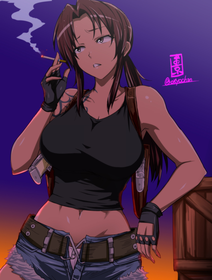 1girl belt black_lagoon box brown_eyes brown_hair crop_top cutoffs denim denim_shorts fingerless_gloves gloves gun highres midriff okyou open_fly revy_(black_lagoon) shirt shorts smoking sunset t-shirt tattoo weapon