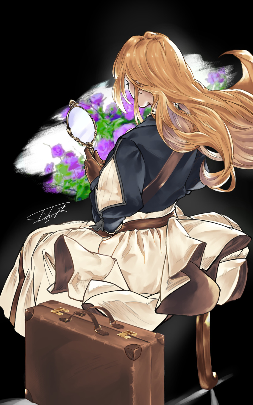 1girl absurdres black_background blonde_hair blue_jacket brown_gloves commentary dress flower from_behind gloves highres holding holding_mirror jacket long_dress long_hair long_sleeves mirror puffy_long_sleeves puffy_sleeves purple_flower shido_yuta signature simple_background sitting solo suitcase violet_evergarden violet_evergarden_(series) white_dress