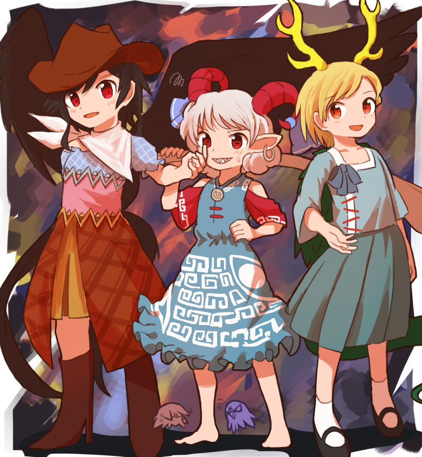 3girls animal animal_ears arm_up bangs bare_shoulders barefoot bird black_footwear black_hair blonde_hair blue_bow blue_dress blue_ribbon blue_shirt blue_skirt blush boots bow brown_dress brown_footwear brown_headwear closed_mouth colored_skin cowboy_hat donki_(yeah) dragon_tail dress eagle_spirit_(touhou) earrings eyebrows_visible_through_hair full_body hair_between_eyes hand_up hat highres horns jewelry kicchou_yachie kurokoma_saki long_hair long_sleeves looking_at_another looking_at_viewer multicolored_clothes multicolored_dress multiple_girls off_shoulder open_mouth pink_dress plaid plaid_dress pointy_ears ponytail puffy_short_sleeves puffy_sleeves purple_skin red_eyes red_skin ribbon scarf sharp_teeth shirt shoes short_hair short_sleeves silver_hair skirt smile socks spirit standing tail teeth touhou toutetsu_yuuma turtle_shell utensil weapon white_legwear white_scarf wide_sleeves wings wolf_ears wolf_spirit_(touhou) yellow_dress