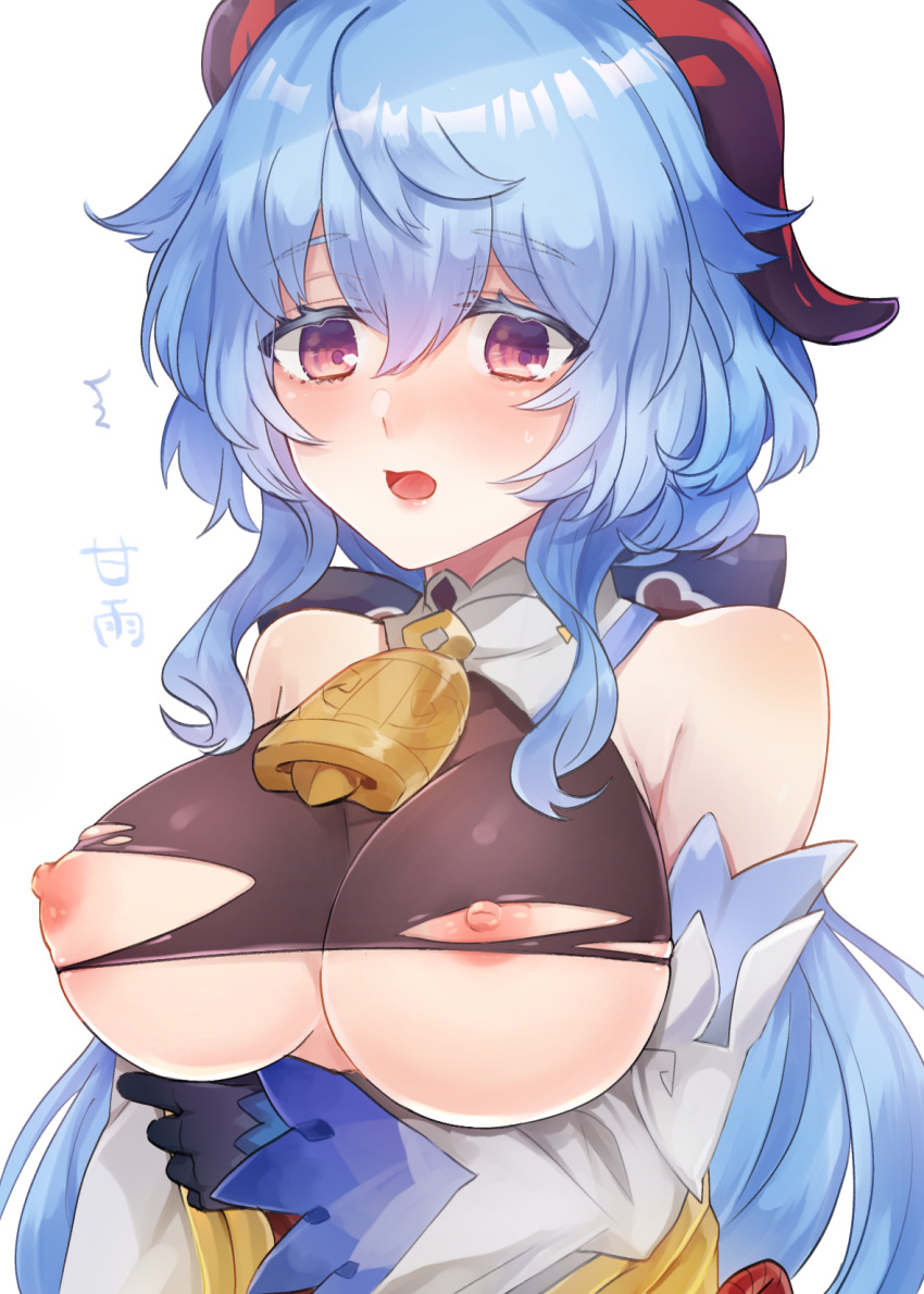 1girl ^^^ arm_under_breasts bangs bare_shoulders bell black_gloves blue_hair blush bow bowtie breasts character_name curled_horns detached_sleeves embarrassed full-face_blush ganyu_(genshin_impact) genshin_impact gloves gold_trim highres horns large_breasts long_hair looking_at_viewer low_ponytail mizinkokanzume neck_bell nipples open_mouth purple_eyes sidelocks solo torn_clothes wavy_mouth white_background white_sleeves