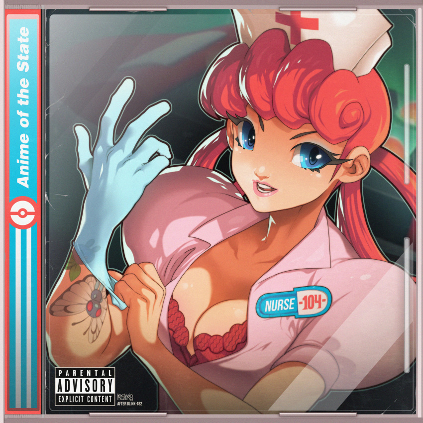 1girl absurdres album_cover blink-182 blue_eyes blue_gloves bra breasts butterfree cleavage cover dress edwin_huang enema_of_the_state_(album) english_text fake_cover gloves hat highres joy_(pokemon) latex latex_gloves lipstick long_eyelashes long_hair makeup medium_breasts nurse_cap oddish parental_advisory parody parted_lips pink_dress pink_lips pokemon pokemon_(anime) puffy_short_sleeves puffy_sleeves red_bra red_hair short_sleeves single_glove solo underwear