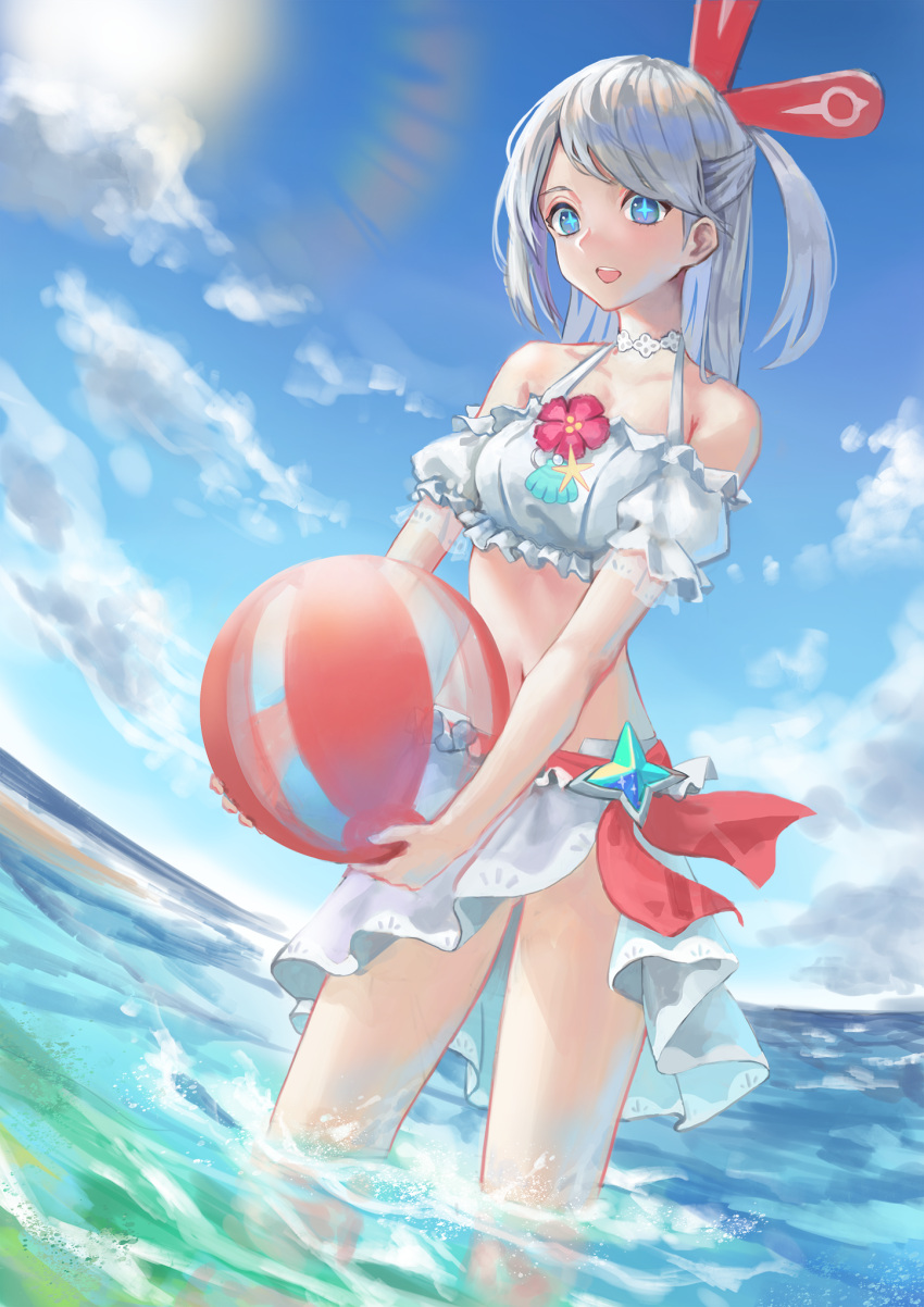 +_+ 1girl ball bangs bare_shoulders beach beachball bikini blue_eyes blue_sky blush breasts cloud collarbone commentary crystal day eyebrows_visible_through_hair fisheye flower frilled_bikini frilled_sleeves frills grey_hair hair_ornament happy highres holding holding_ball lens_flare level9kaito light_blush long_hair looking_at_viewer navel ocean official_alternate_costume one_side_up open_mouth outdoors red_flower sand sarong short_sleeves sidelocks sky small_breasts smile solo standing stella_(world_flipper) stomach sun sunlight swept_bangs swimsuit teeth tied_hair transparent wading water white_bikini white_sarong world_flipper