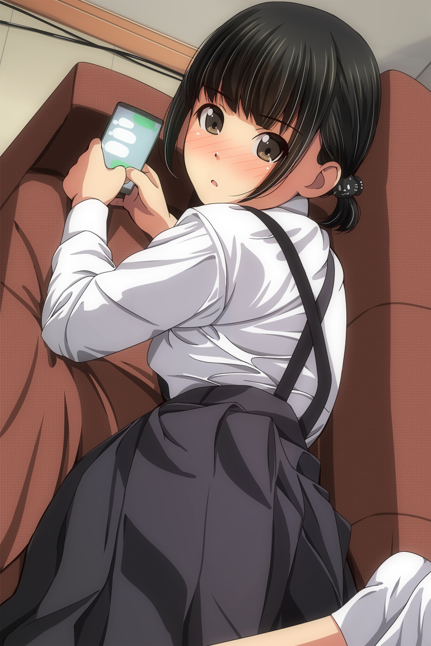 1girl absurdres bangs black_hair black_skirt blush brown_eyes cat_hair_ornament cellphone couch eyebrows_visible_through_hair feet_out_of_frame hair_ornament highres holding holding_phone indoors legs_up long_sleeves looking_at_viewer looking_back low_ponytail lying matsunaga_kouyou no_shoes nose_blush on_couch on_stomach original parted_lips phone pleated_skirt ponytail school_uniform shirt sidelocks skirt socks solo suspender_skirt suspenders white_legwear white_shirt wooden_floor