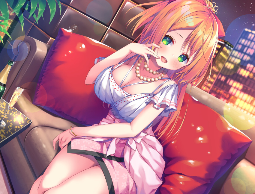 1girl :d absurdres asa_no_ha_(awayuki) bangs blush bottle breasts champagne_flute cleavage commentary_request copyright_request couch cup cushion drinking_glass dutch_angle eyebrows_behind_hair green_eyes highres indoors jewelry large_breasts long_hair looking_at_viewer necklace night official_art on_couch open_mouth orange_hair pink_skirt sitting skirt smile solo teeth upper_teeth window wine_bottle