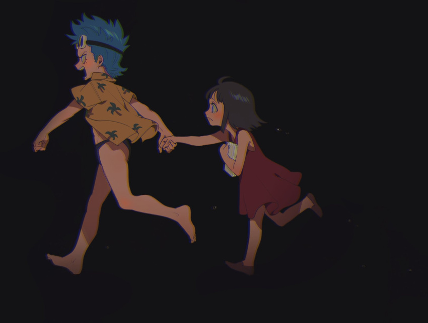 1boy 1girl barefoot black_background black_hair blue_hair book crying crying_with_eyes_open dark dress fleeing franky goggles goggles_on_head highres holding holding_book holding_hands male_underwear nico_robin one_piece open_clothes open_shirt qin_(7833198) running short_hair short_sleeves simple_background sleeveless tears underwear younger