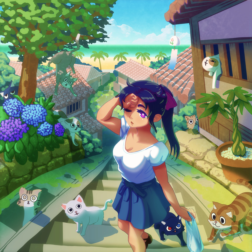 1girl bag beach black_hair blue_flower blue_skirt breasts cat cleavage day don9899 flower foot_out_of_frame hand_on_own_forehead highres holding holding_bag hydrangea medium_breasts medium_hair no_socks one_eye_closed original outdoors palm_tree plant plastic_bag potted_plant purple_eyes purple_flower rooftop shadow shirt short_sleeves skirt stairs summer too_many too_many_cats tree triangle_mouth white_shirt