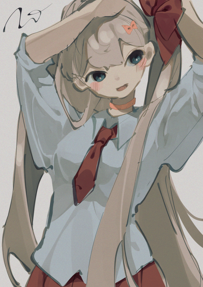 1girl arms_up blue_eyes blush bow choker collared_shirt commentary_request eyebrows_visible_through_hair grey_background hair_bow highres light_brown_hair long_hair necktie original parted_lips pink_bow pink_choker potg_(piotegu) red_necktie red_skirt school_uniform shirt signature simple_background skirt sleeves_rolled_up smile solo twintails tying_hair very_long_hair white_shirt