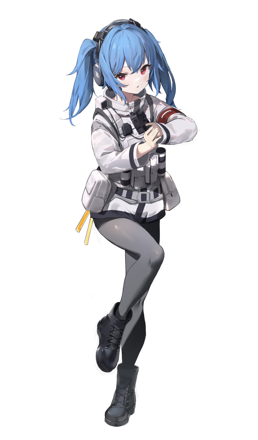 1girl 2t_(vmyz7342) absurdres bangs black_footwear blue_hair blush boots colphne_(girls'_frontline_2) commentary_request full_body girls'_frontline girls'_frontline_2:_exilium grey_legwear gun handgun headphones highres holding holding_gun holding_weapon jacket long_hair long_sleeves looking_at_viewer pantyhose parted_lips red_eyes simple_background solo standing standing_on_one_leg twintails weapon white_background white_jacket