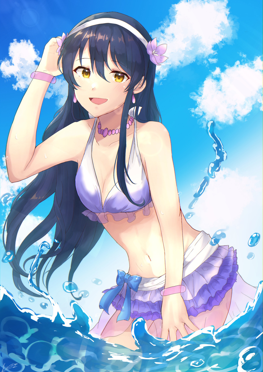 1girl absurdres arm_up artist_request bangle bangs bikini blue_hair bracelet cowboy_shot day earrings flower gradient_clothes hand_in_hair hibiscus highres jewelry long_hair looking_at_viewer love_live! love_live!_school_idol_project natsuiro_egao_de_1_2_jump! navel necklace ocean open_mouth outdoors ribbon sky smile solo sonoda_umi standing swept_bangs swimsuit wading water yellow_eyes