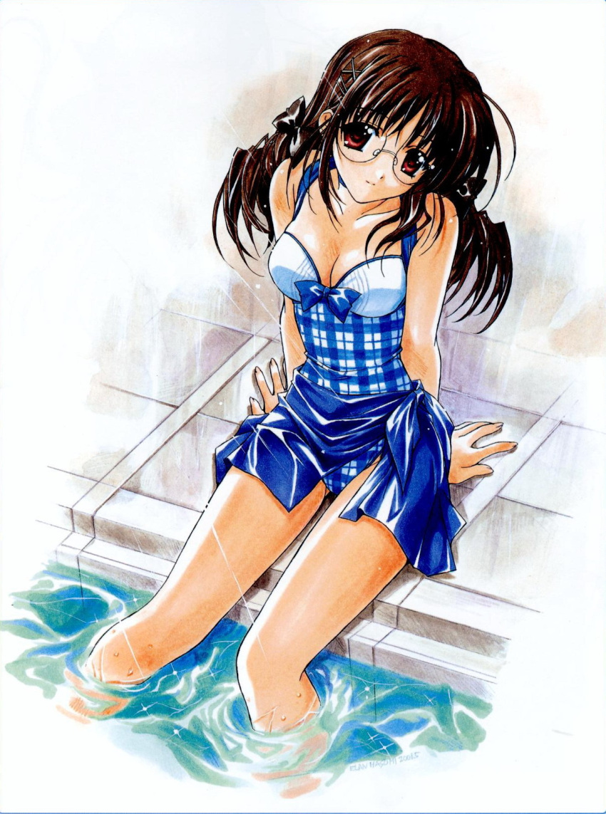 1girl argyle arm_support artist_name blue_sarong breasts brown_eyes brown_hair closed_mouth dated glasses hair_ribbon hasumi_eran head_tilt highres k-books long_hair looking_at_viewer medium_breasts original pool poolside ribbon sarong sitting smile soaking_feet solo swimsuit twintails