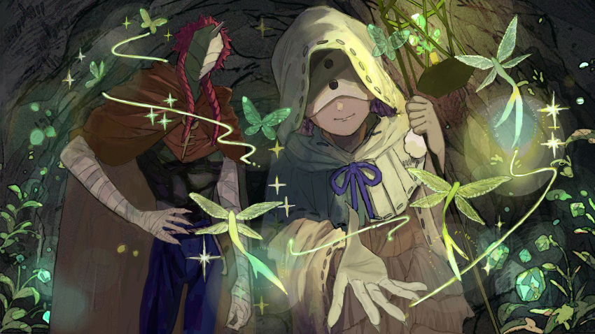 1boy 1girl bandaged_arm bandages black_shirt blue_pants brown_cape bug butterfly cape cave commentary_request cowboy_shot dress frown highres holding holding_lantern hood hood_up identity_v lantern looking_at_viewer mask medium_hair musica_(yakusoku_no_neverland) outdoors pants purple_hair qooo003 reaching_out red_hair shirt smile sparkle sung-joo_(yakusoku_no_neverland) tree upper_body white_dress white_hood yakusoku_no_neverland