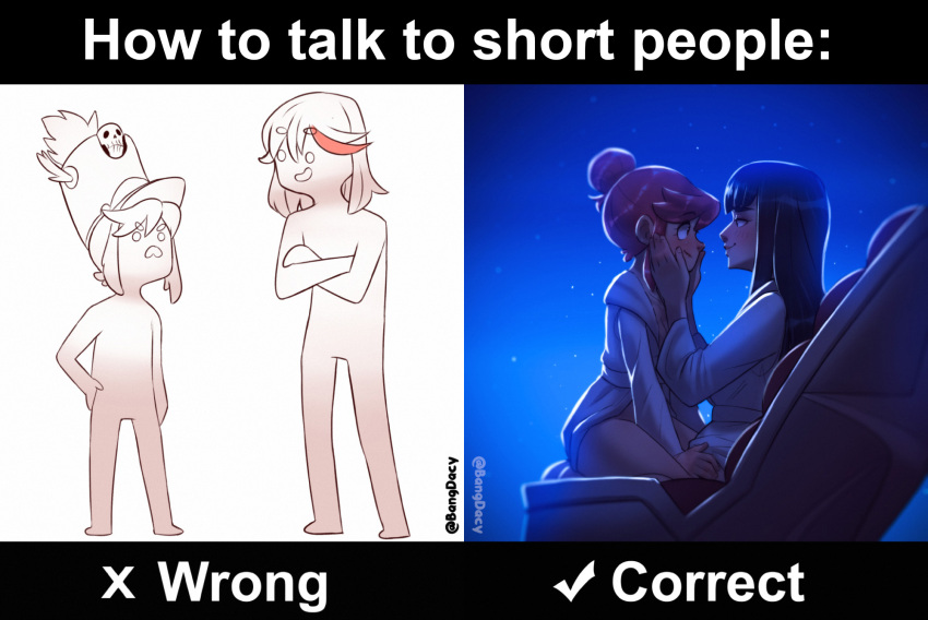 3girls artist_name bang_dacy bathrobe black_hair conductor eye_contact face-to-face hair_bun hair_pulled_back hands_on_another's_cheeks hands_on_another's_face height_difference highres how_to_talk_to_short_people_(meme) imminent_kiss jakuzure_nonon kill_la_kill kiryuuin_satsuki long_hair looking_at_another matoi_ryuuko meme multicolored_hair multiple_girls pink_hair robe short_hair streaked_hair yuri